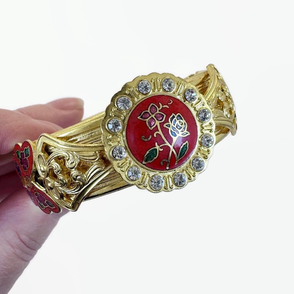 Vintage Bracelet, Cloisonne, Butterfly, Hinged, Bangle, Red, Gold Tone, 70s